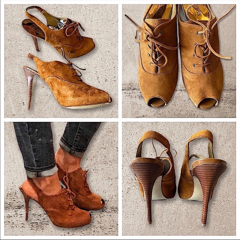 GUESS Heels Peep Toe Sling Back Gwnitty Suede Shoes 8 - Picture 2 of 12